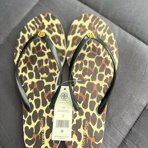 Tory Burch Animal Print Flip Flops with Black Straps